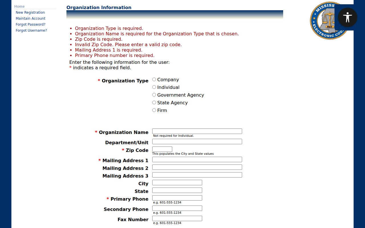 Tippah County case search reference showing MEC organization registration form
