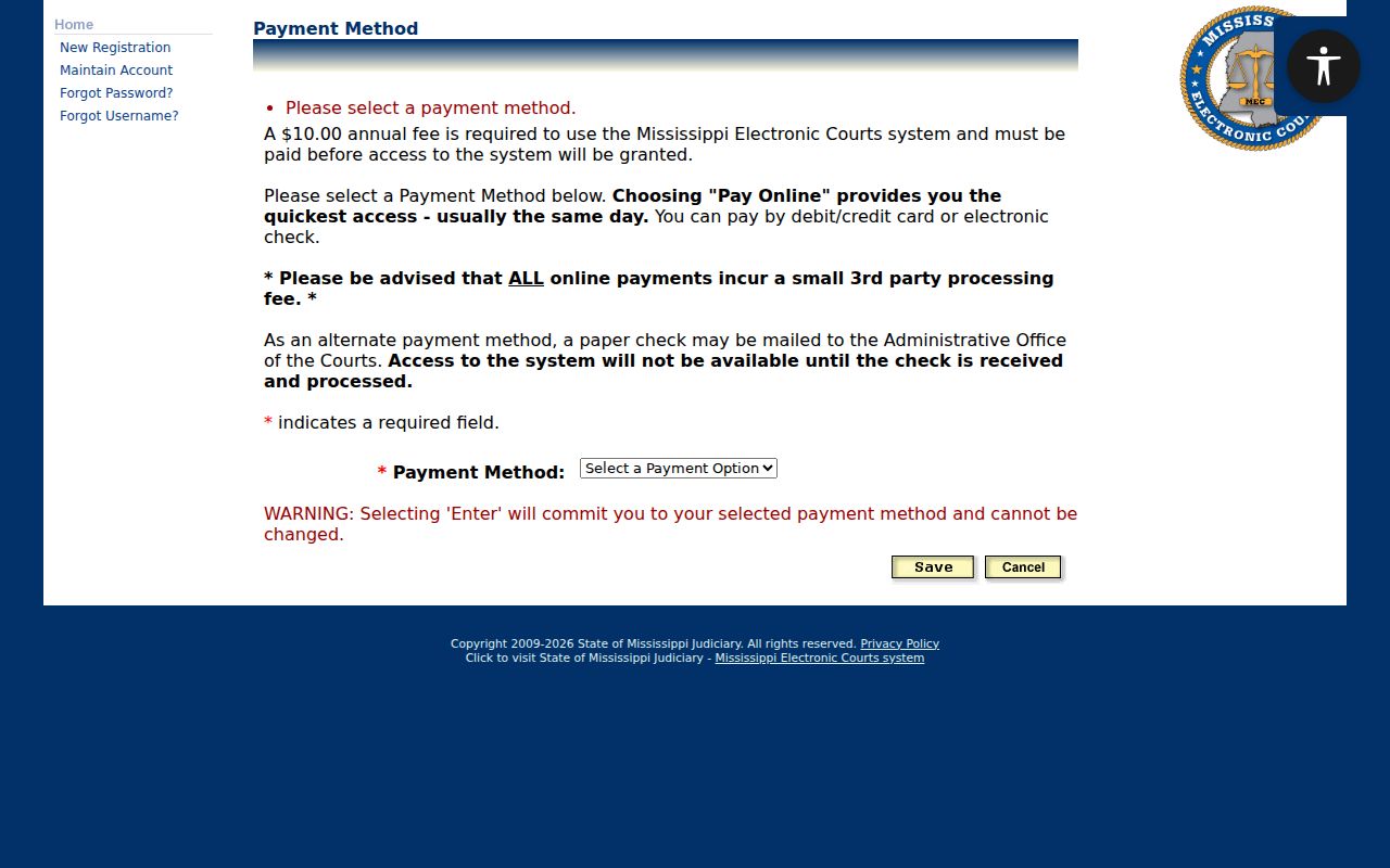 Tippah County case search reference showing MEC payment method form