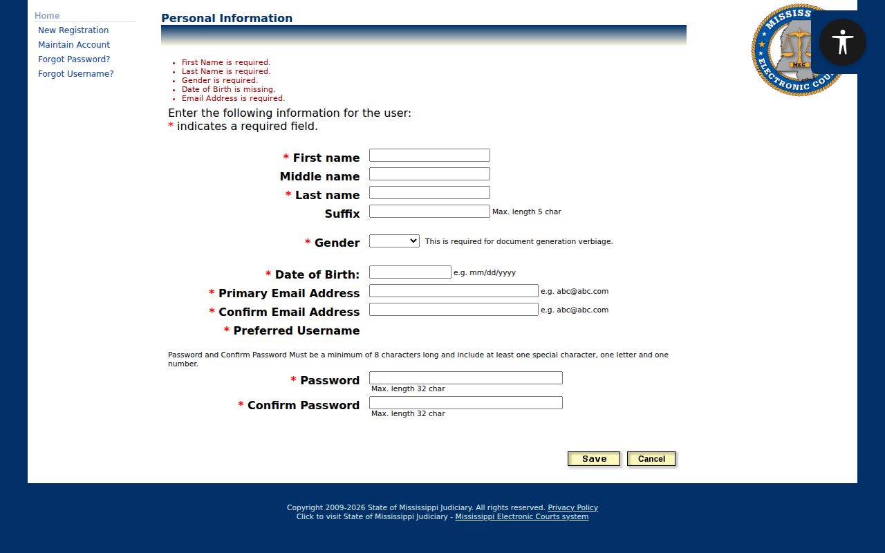 Tippah County case search reference showing MEC personal registration form