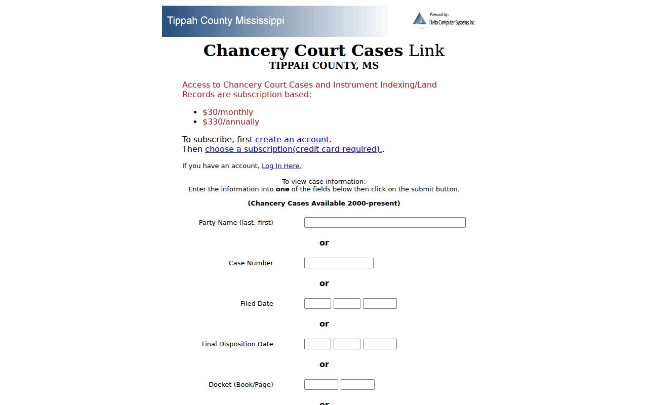 Tippah civil docket Delta Chancery search fields