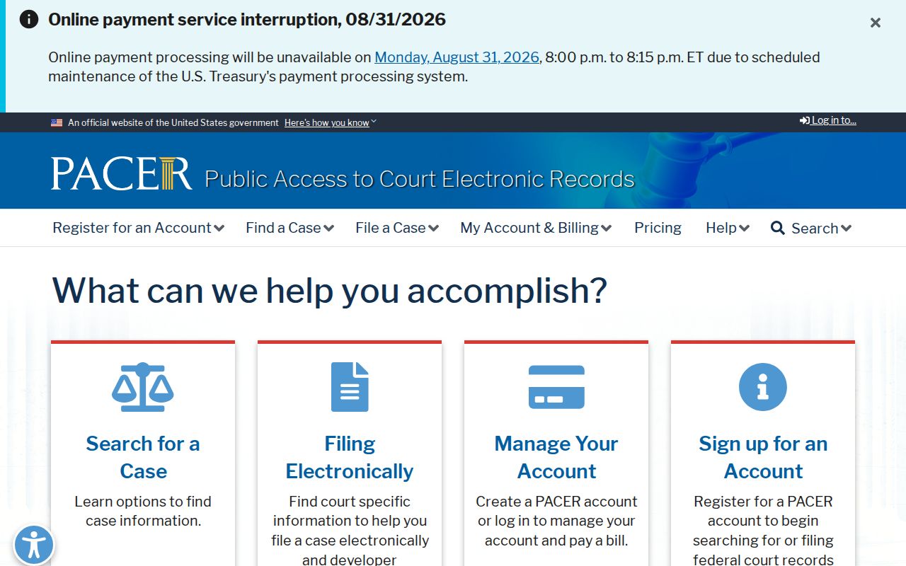 Tippah County court docket PACER federal court access page